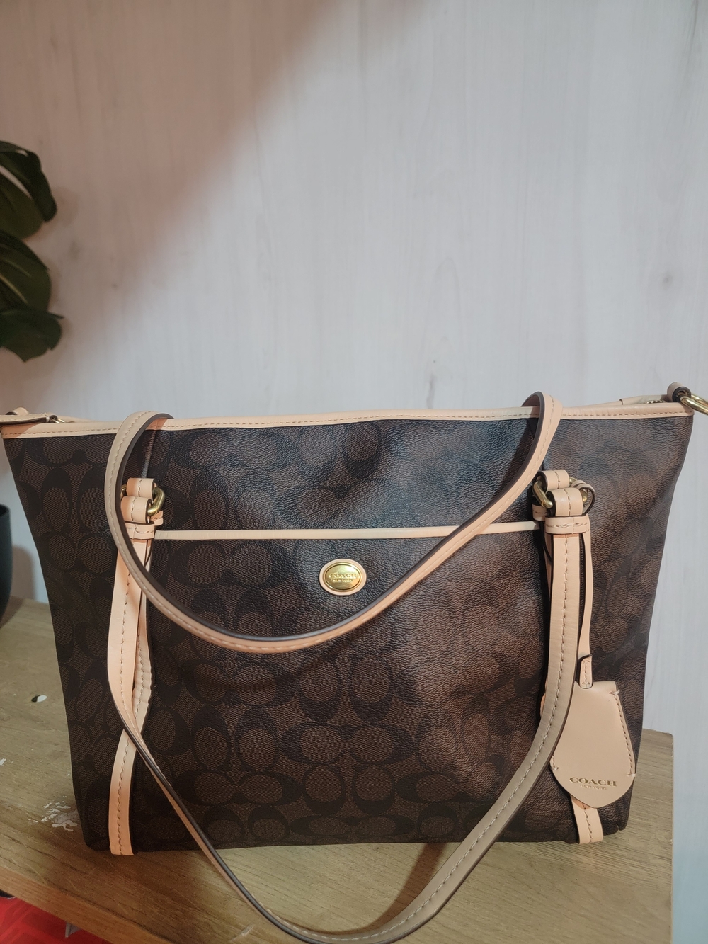Coach Brown Signature Canvas Tote with Light Tan Trim